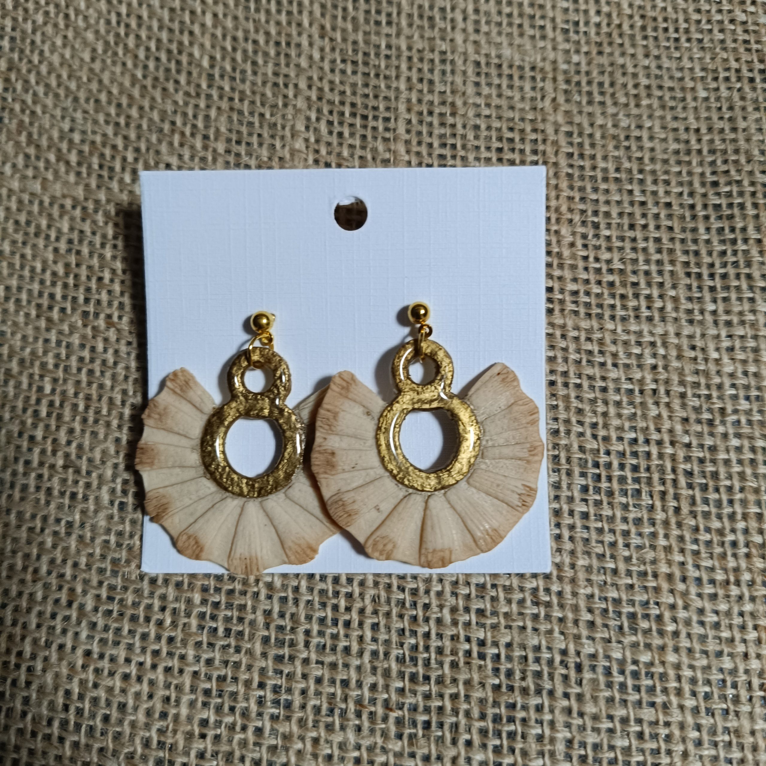 Unique handmade earrings with gold-tone accents and a floral design.
