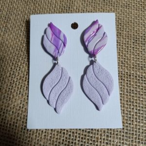 Lavender polymer clay leaf earrings with marbled design